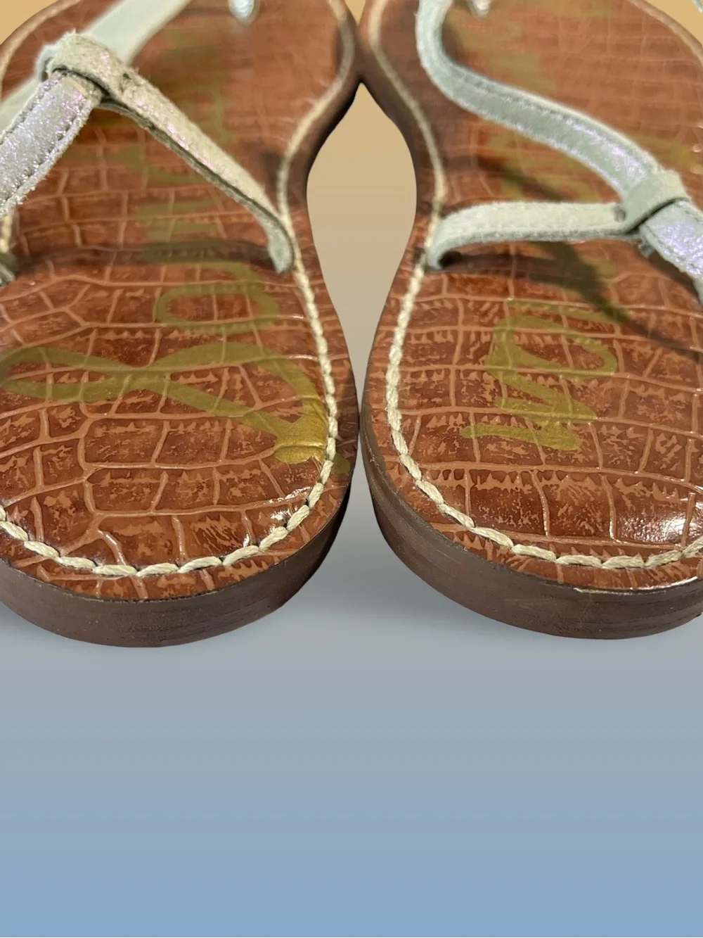 Sam Edelman Gigi Metallic Silver T-Strap Thong Sandals Croc Embossed Brown Sz9